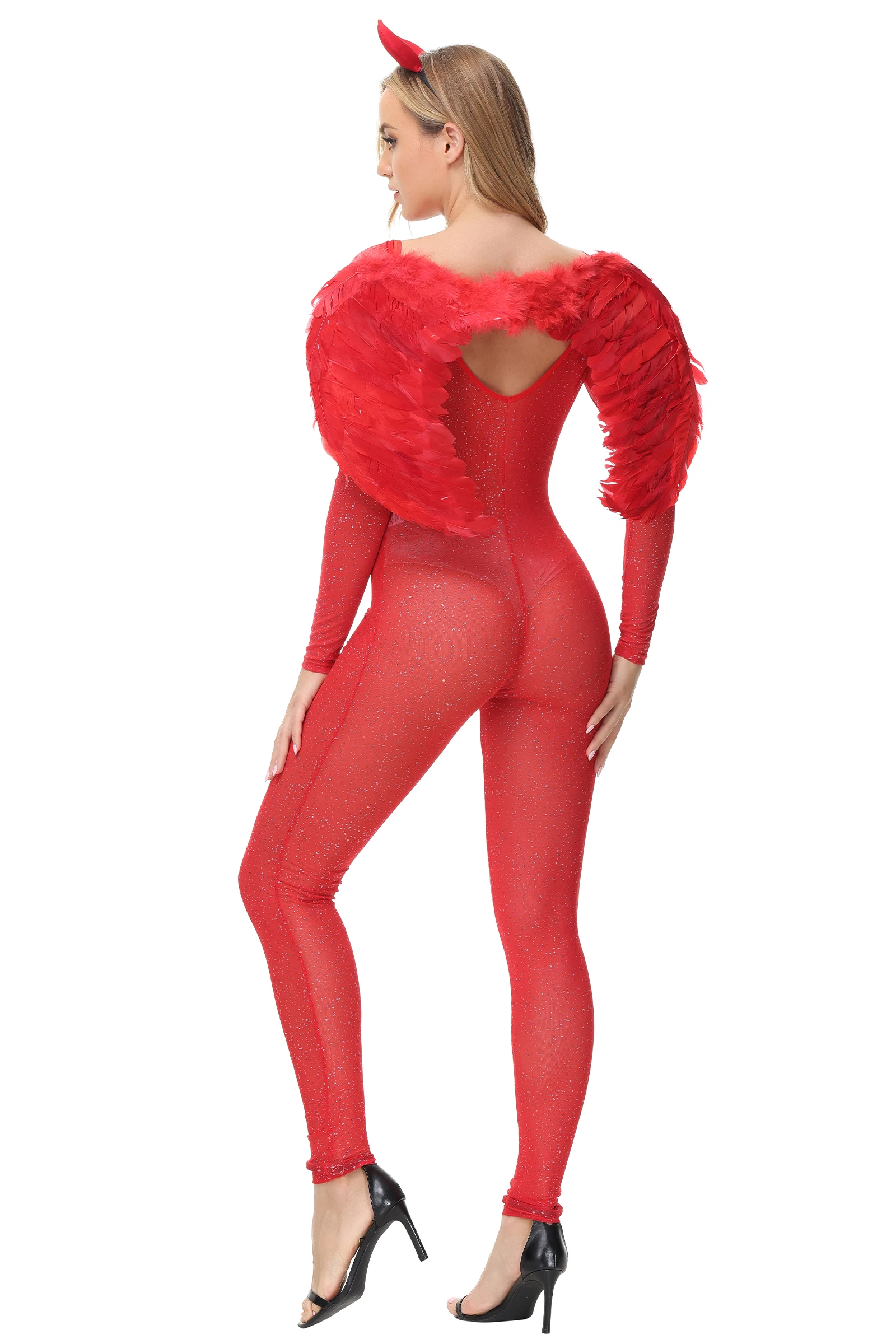 Форма для косплея Red Devil для женщин Сексуальное боди с крыльями Головной убор Хэллоуин Вечеринка Демон Ангел Комбинезон Сценический костюм Изображение 5
