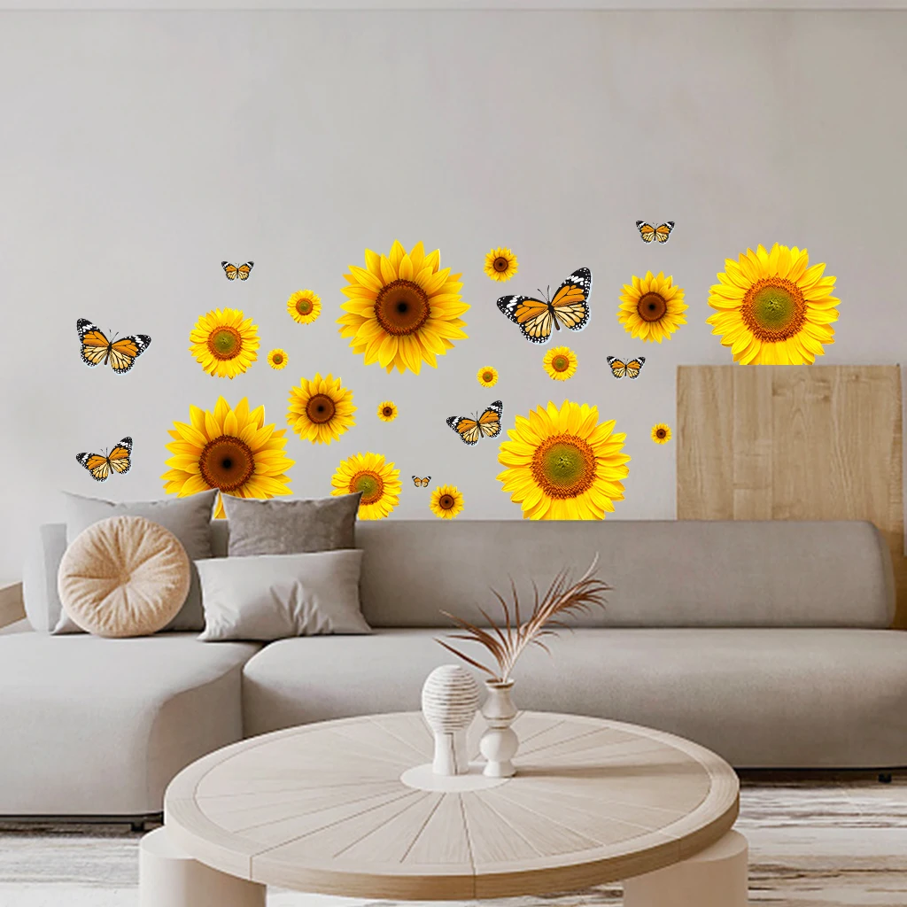 22 Подсолнуха с бабочкой, наклейки на стены из ПВХ, декоративные наклейки 