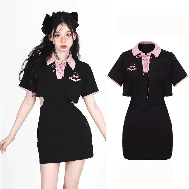 Корейские платья, женская уличная одежда, поло с полым поясом, Вишневая вышивка, сумка с короткими рукавами, черное летнее платье на бедрах, женское платье Изображение 2