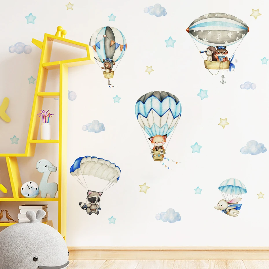 Синие животные, прыгающие с парашютом, облака на воздушном шаре, наклейки на стены для детской комнаты, акварельные наклейки на стены в детской комнате, домашний декор Изображение 0