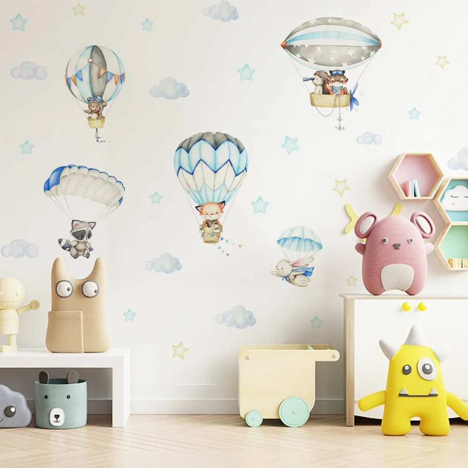 Синие животные, прыгающие с парашютом, облака на воздушном шаре, наклейки на стены для детской комнаты, акварельные наклейки на стены в детской комнате, домашний декор Изображение 1
