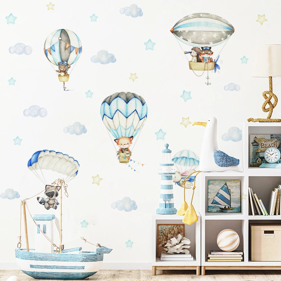 Синие животные, прыгающие с парашютом, облака на воздушном шаре, наклейки на стены для детской комнаты, акварельные наклейки на стены в детской комнате, домашний декор Изображение 2