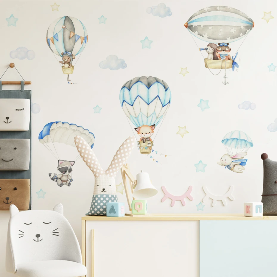 Синие животные, прыгающие с парашютом, облака на воздушном шаре, наклейки на стены для детской комнаты, акварельные наклейки на стены в детской комнате, домашний декор Изображение 3