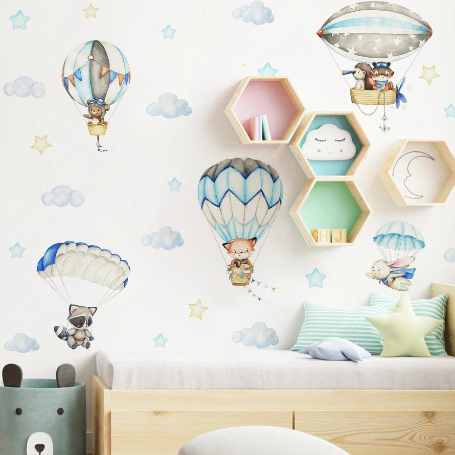 Синие животные, прыгающие с парашютом, облака на воздушном шаре, наклейки на стены для детской комнаты, акварельные наклейки на стены в детской комнате, домашний декор Изображение 4