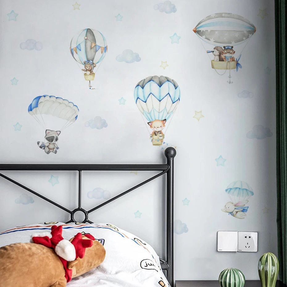 Синие животные, прыгающие с парашютом, облака на воздушном шаре, наклейки на стены для детской комнаты, акварельные наклейки на стены в детской комнате, домашний декор Изображение 5