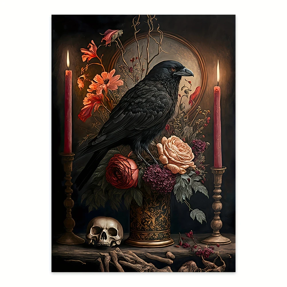 Абстрактное настенное искусство на холсте, череп Ворона, цветы, свечи, плакат и принты на Хэллоуин, картина для домашнего декора гостиной Изображение 0