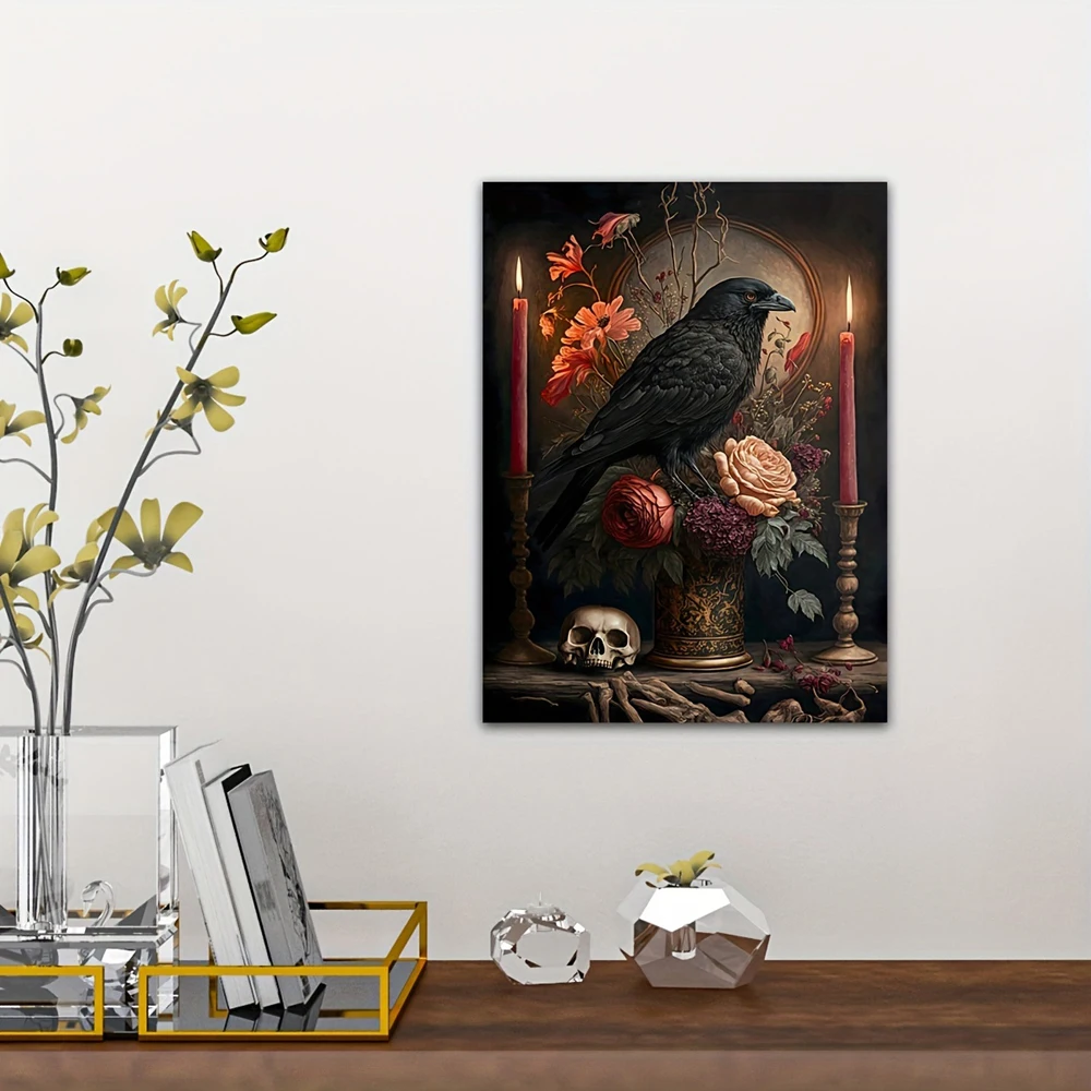 Абстрактное настенное искусство на холсте, череп Ворона, цветы, свечи, плакат и принты на Хэллоуин, картина для домашнего декора гостиной Изображение 1
