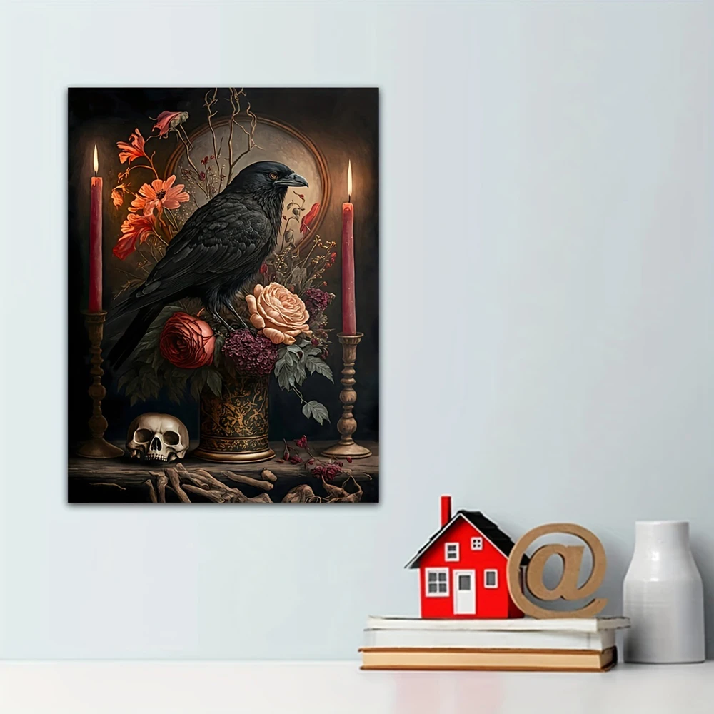 Абстрактное настенное искусство на холсте, череп Ворона, цветы, свечи, плакат и принты на Хэллоуин, картина для домашнего декора гостиной Изображение 2