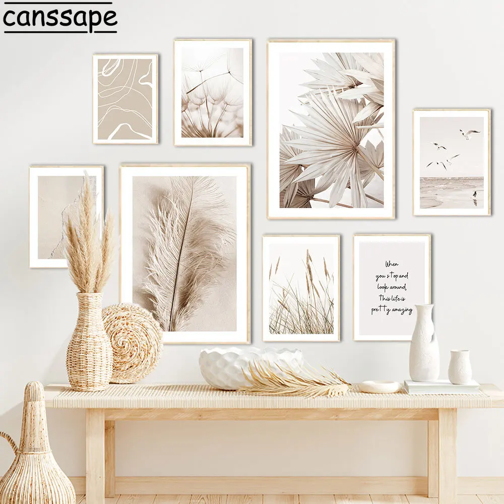 Бежевый плакат с изображением одуванчика, Тростника, пальмовых листьев, холст, пляжные цветочные принты, Скандинавские настенные плакаты, декор гостиной Изображение 0