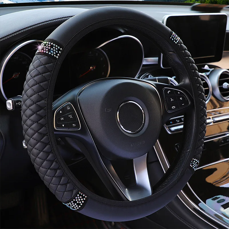 Универсальная крышка рулевого колеса автомобиля Four Seasons 37-38 см, Кожаная, вышитая цветными бриллиантами Эластичная крышка рулевого колеса Изображение 0