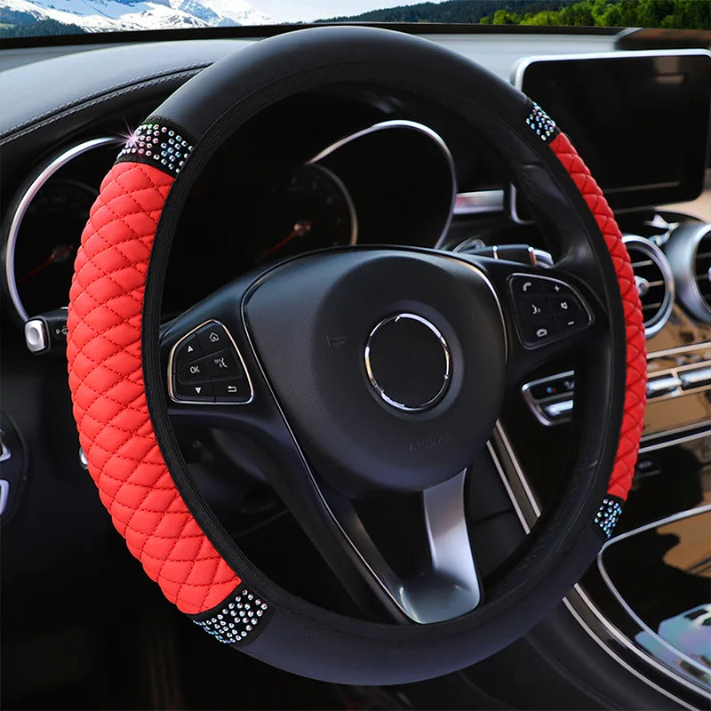 Универсальная крышка рулевого колеса автомобиля Four Seasons 37-38 см, Кожаная, вышитая цветными бриллиантами Эластичная крышка рулевого колеса Изображение 2