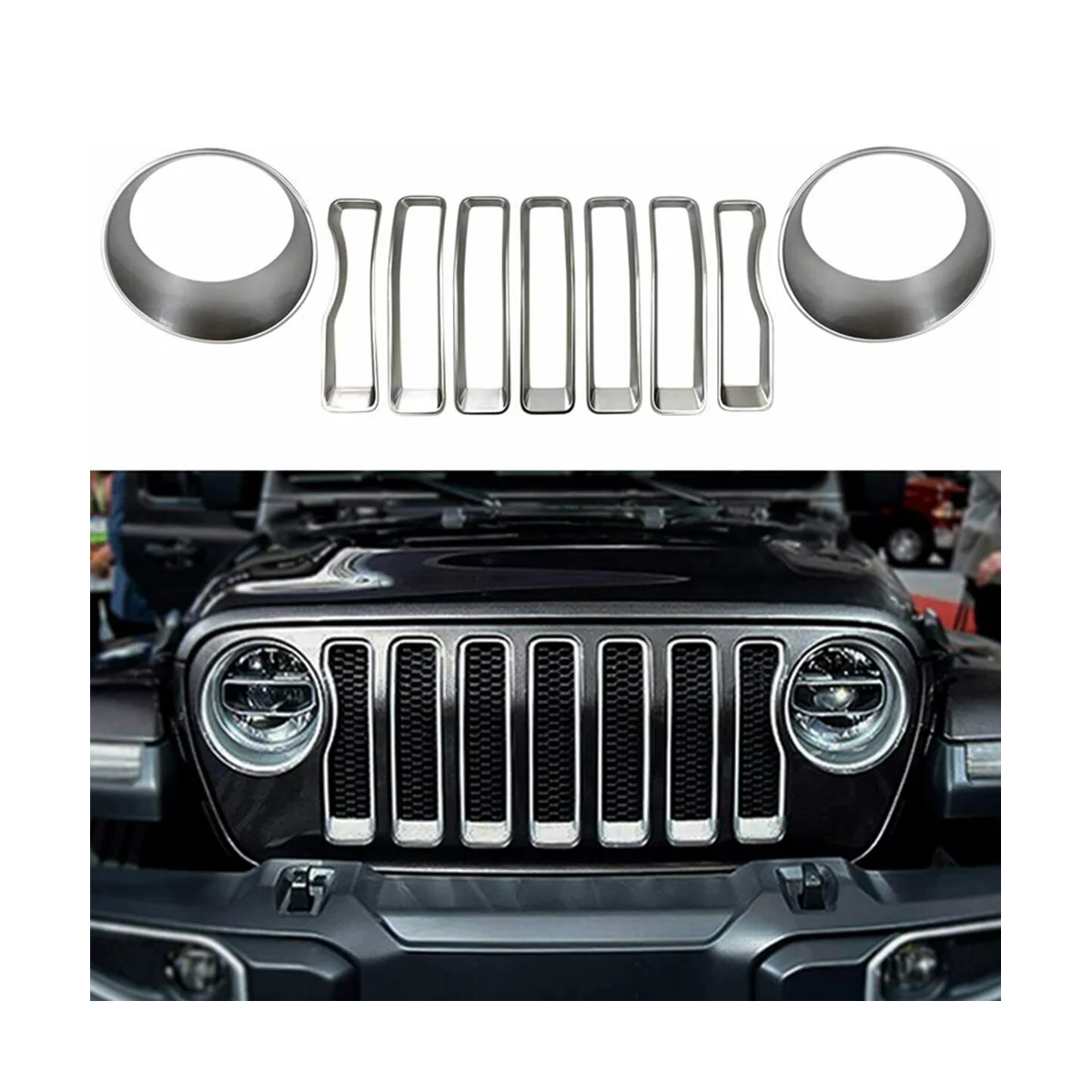 9 шт. Вставки для отделки передней решетки Радиатора, крышка гриля для Jeep Wrangler JL JLU Sports 2018-2023, Хромированный круг для украшения фар Изображение 3