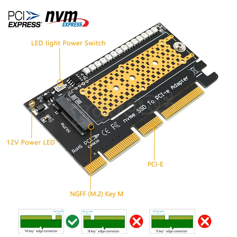 M.2 NVMe SSD NGFF к Адаптеру PCIE M Key Riser Card PCI-e PCI Express GEN3 X4 X8 X16 2230-2280 PCIE к Адаптеру M2 для майнинга Chia Изображение 2