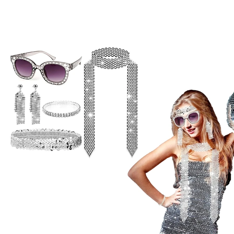 634C Аксессуары 80-х, женский маскарадный костюм, серьги, повязка на голову, ожерелье, Солнцезащитные очки, браслеты Изображение 1
