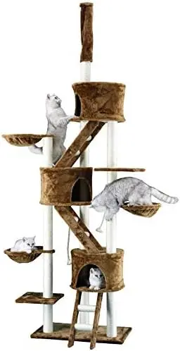 Высокая Кошачья Башня На Дереве, Когтеточка для Кондоминиума Kitty Kitten, Мебель для Дома с Лестницами, Кроватями-Корзинами и Регулируемым Шестом до потолка. Изображение 5