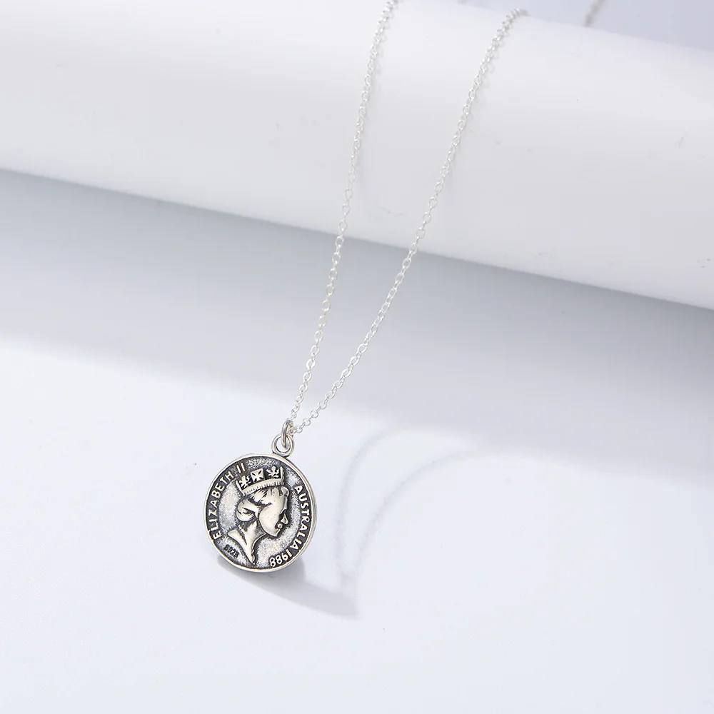 Серебряное винтажное ожерелье с круглой монетой в виде головы королевы из стерлингового серебра S925 пробы, модная цепочка для ключиц Изображение 1