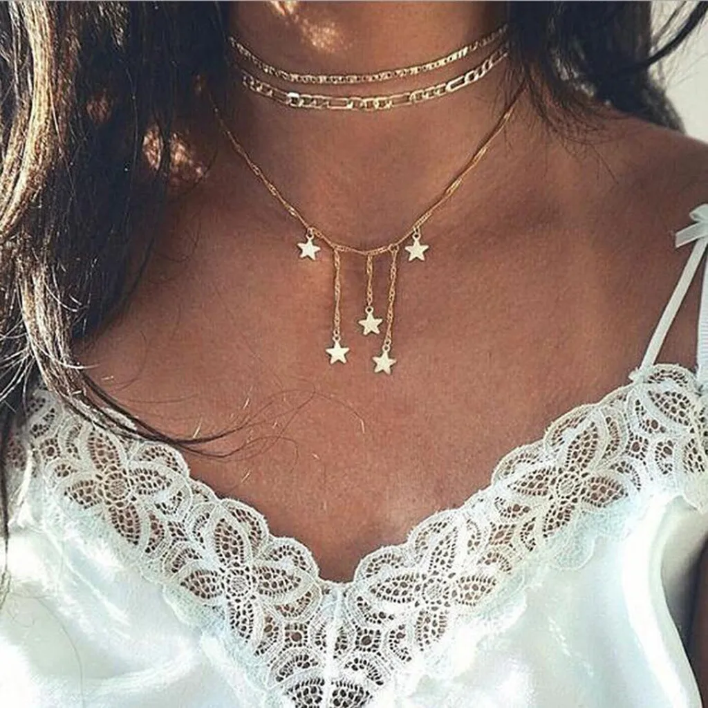 Ожерелье, Пятиконечные украшения, многослойная цепочка для ключиц, звездные креативные женские ожерелья, подвески Изображение 0
