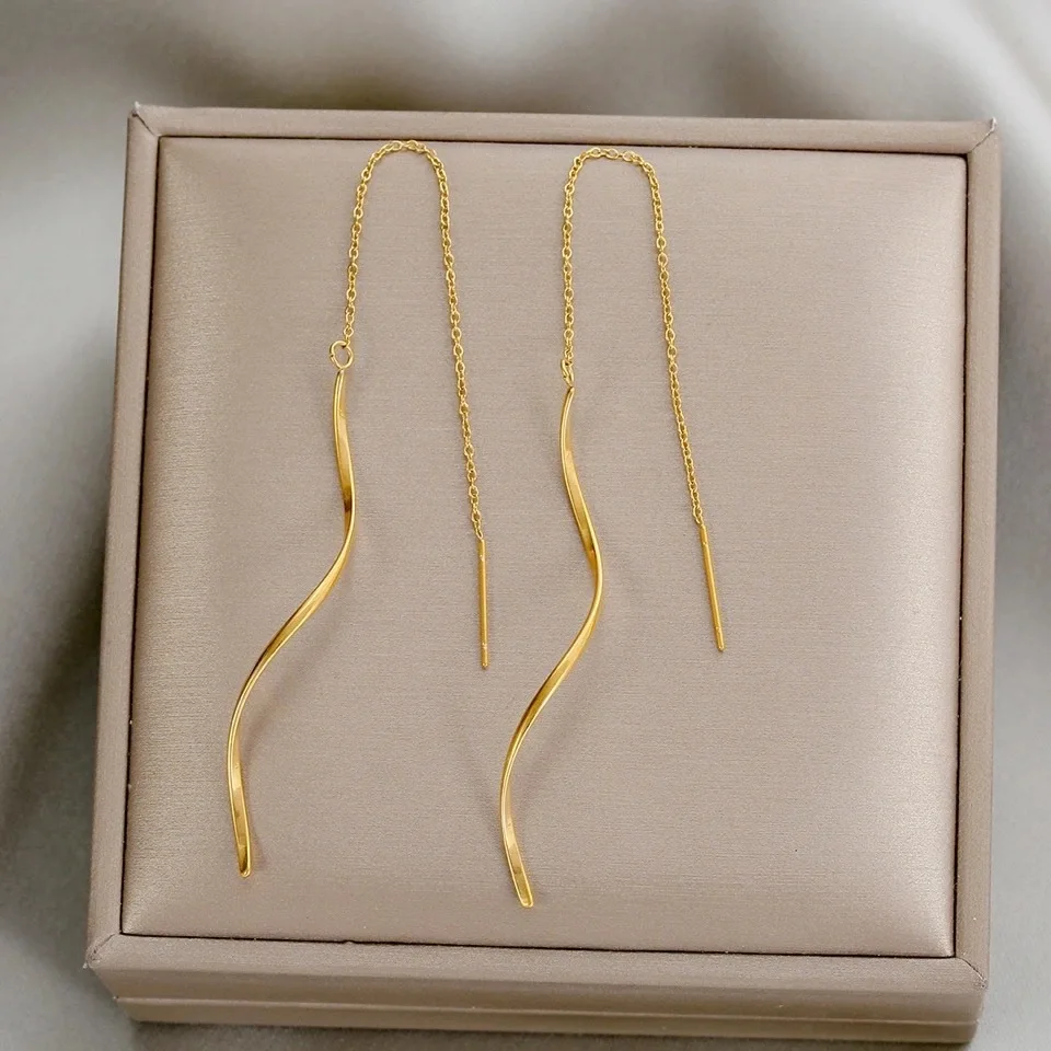Серьги с длинными кисточками из нержавеющей стали 316L Для женщин, элегантные простые серьги-капли золотого цвета, стильные украшения, индивидуальный подарок Изображение 0