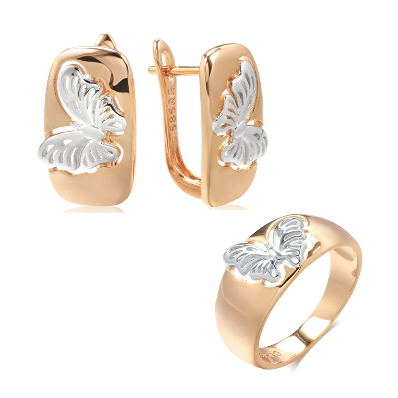 Модные Женские серьги-кольца Wbmqda с глянцевой серебряной бабочкой из розового золота 585 пробы, персонализированные наборы ювелирных изделий, подарок для девушки Изображение 0