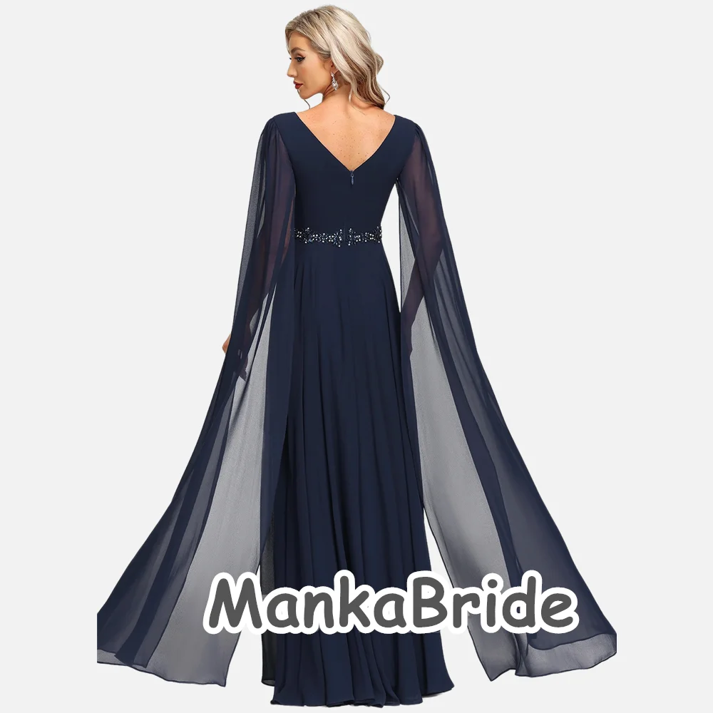 Элегантные Дубайские темно-синие вечерние платья с рукавами-накидками, расшитые бисером и кристаллами, Длинные Официальные Арабские женские свадебные платья для выпускного вечера Изображение 3