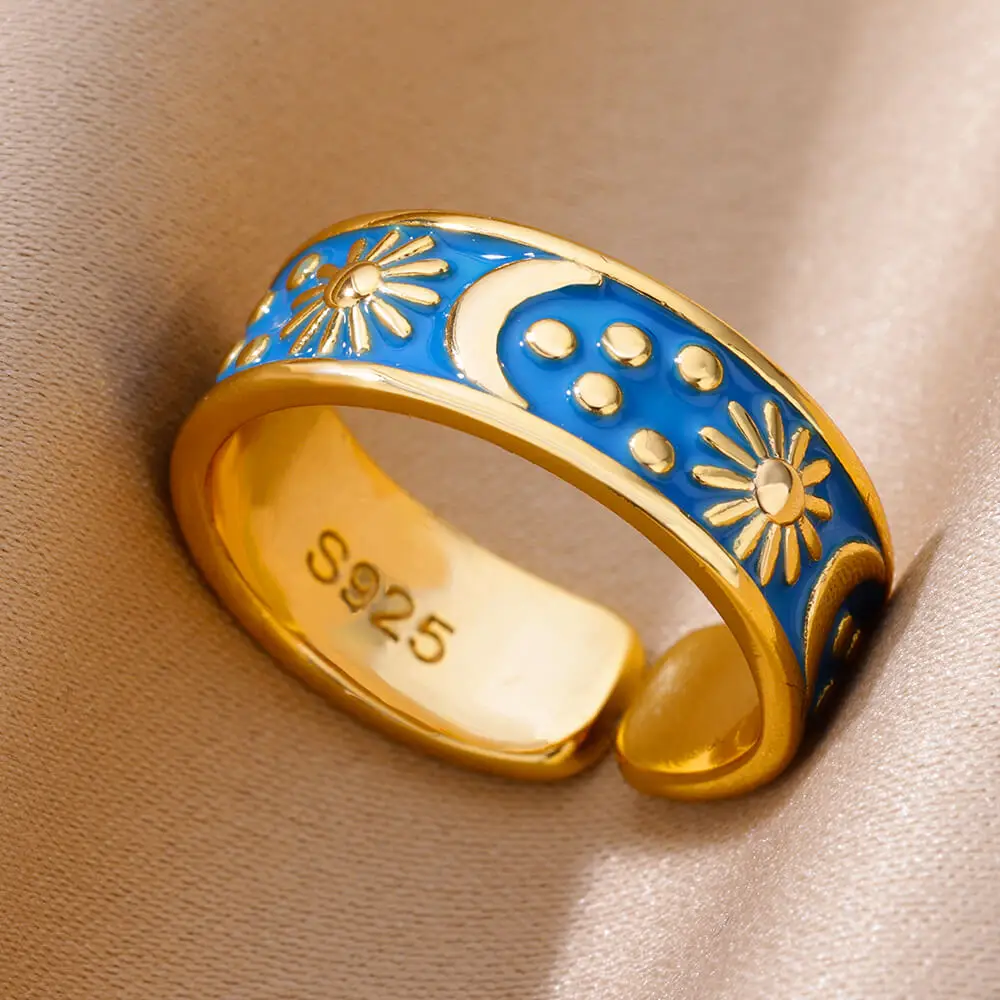 Новые кольца с эмалью in Sun для женщин Золотого цвета, кольцо с гравировкой из нержавеющей стали, обручальное кольцо для пары, эстетические украшения anillos mujer Изображение 0