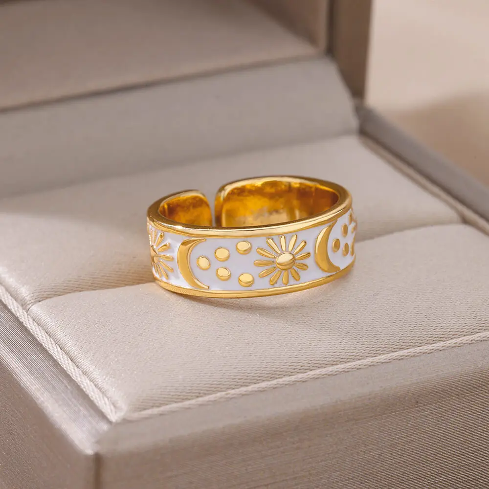 Новые кольца с эмалью in Sun для женщин Золотого цвета, кольцо с гравировкой из нержавеющей стали, обручальное кольцо для пары, эстетические украшения anillos mujer Изображение 1