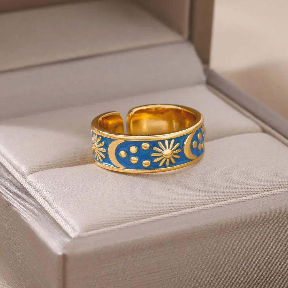 Новые кольца с эмалью in Sun для женщин Золотого цвета, кольцо с гравировкой из нержавеющей стали, обручальное кольцо для пары, эстетические украшения anillos mujer Изображение 2