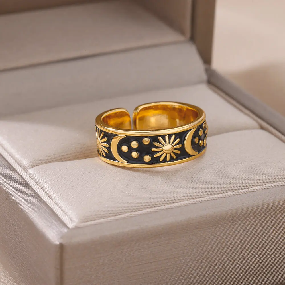 Новые кольца с эмалью in Sun для женщин Золотого цвета, кольцо с гравировкой из нержавеющей стали, обручальное кольцо для пары, эстетические украшения anillos mujer Изображение 3