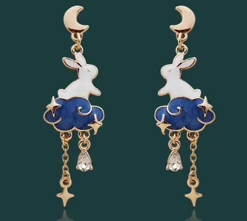 Модные эмалевые серьги с голубым облаком, Луной и звездой, милым кроликом, Подарочная цепочка, украшения с кисточками для женщин 7176 Изображение 1