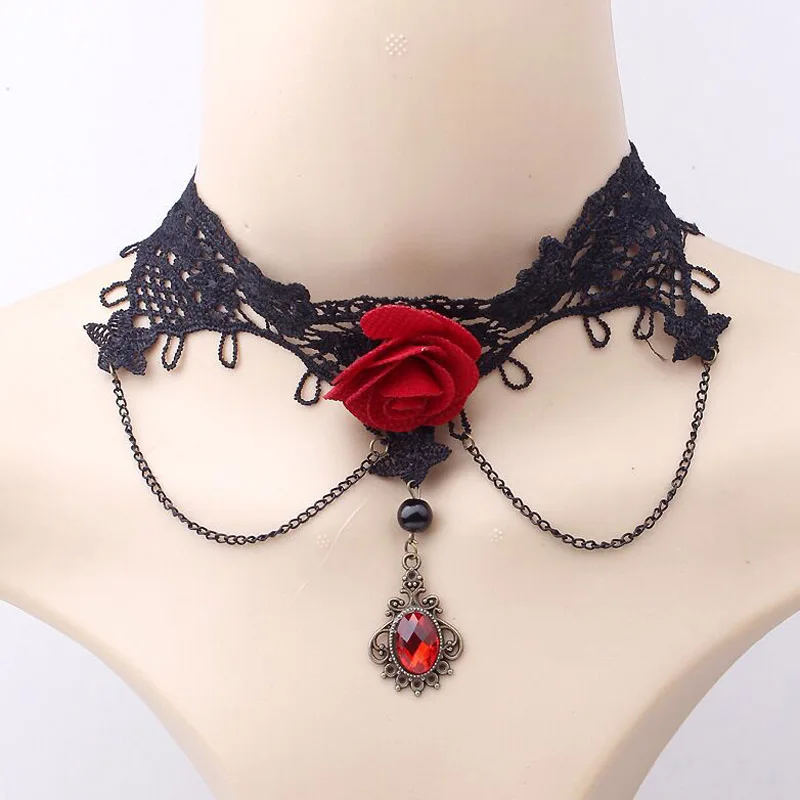 Цветок розы, Черно-красное Готическое колье для женщин, Винтажное сексуальное модное Бархатное кружевное ожерелье Изображение 0