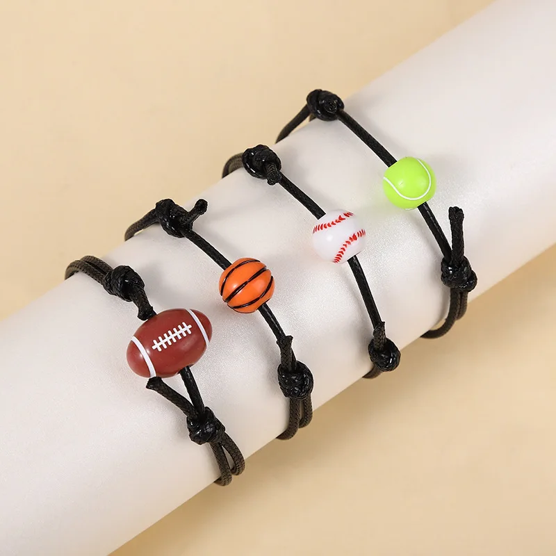 Спортивный баскетбольный бейсбольный браслет из восковой нити, тканый теннисный браслет для регби, браслеты с шариками-шармами для мужчин, ювелирные изделия, подарки Изображение 0