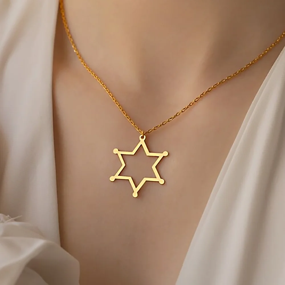 Ожерелье с подвеской в виде Шестиконечной звезды, Минималистичное колье из нержавеющей стали с золотым покрытием, цепочка для ключиц Sun Arrow для девочек Изображение 0