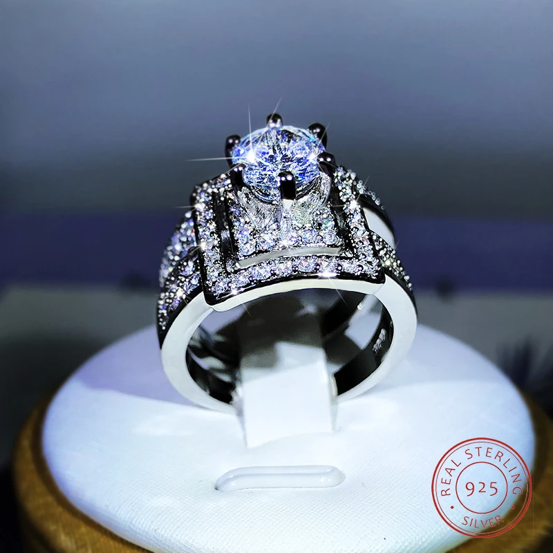 Высококачественное Двойное кольцо из белого циркона с шестью когтями, Серебро 925 Пробы, подарок для женской вечеринки, Свадебные украшения Изображение 0
