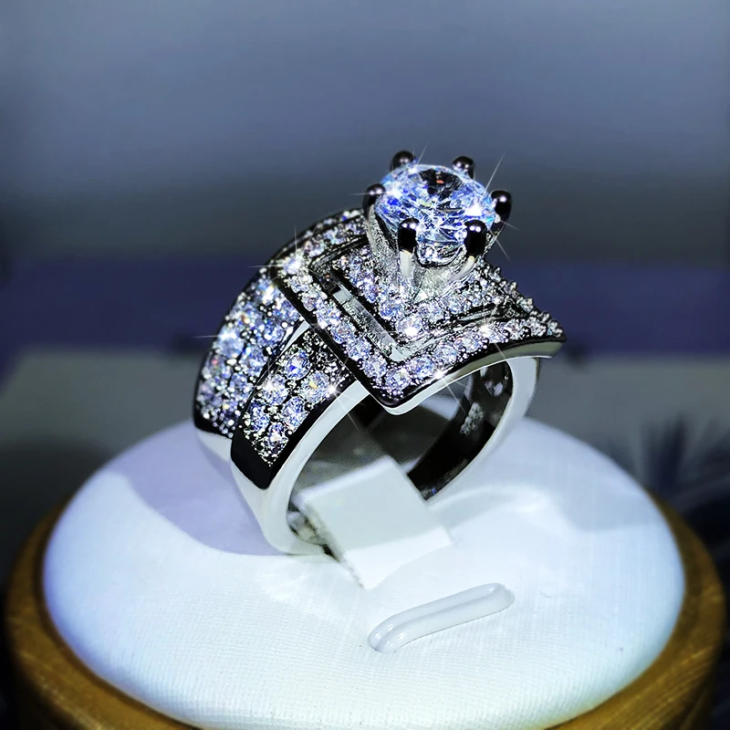 Высококачественное Двойное кольцо из белого циркона с шестью когтями, Серебро 925 Пробы, подарок для женской вечеринки, Свадебные украшения Изображение 2