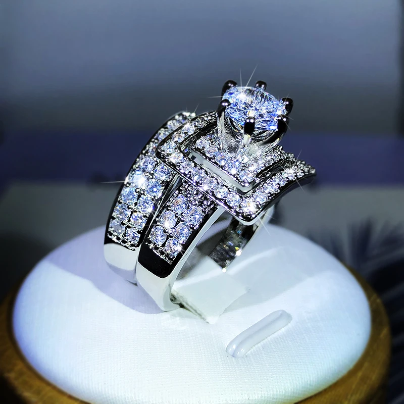 Высококачественное Двойное кольцо из белого циркона с шестью когтями, Серебро 925 Пробы, подарок для женской вечеринки, Свадебные украшения Изображение 3