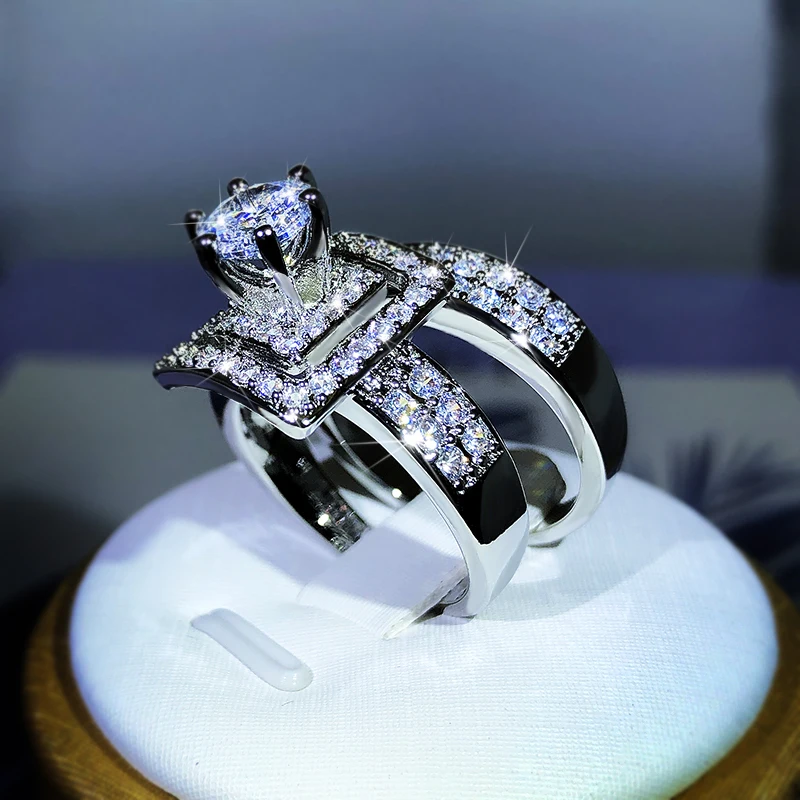 Высококачественное Двойное кольцо из белого циркона с шестью когтями, Серебро 925 Пробы, подарок для женской вечеринки, Свадебные украшения Изображение 4