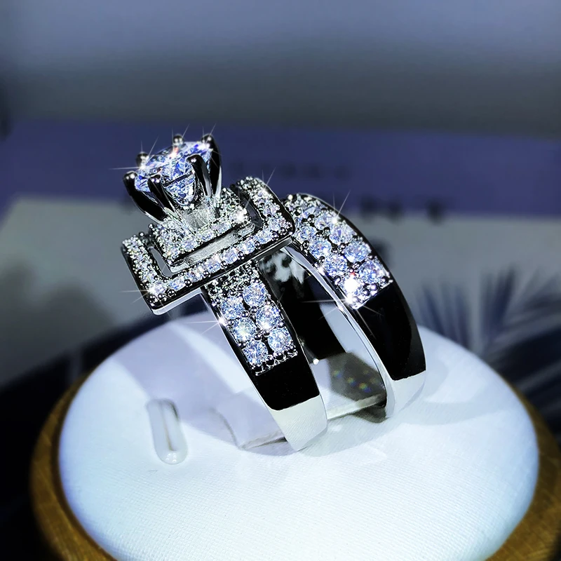 Высококачественное Двойное кольцо из белого циркона с шестью когтями, Серебро 925 Пробы, подарок для женской вечеринки, Свадебные украшения Изображение 5