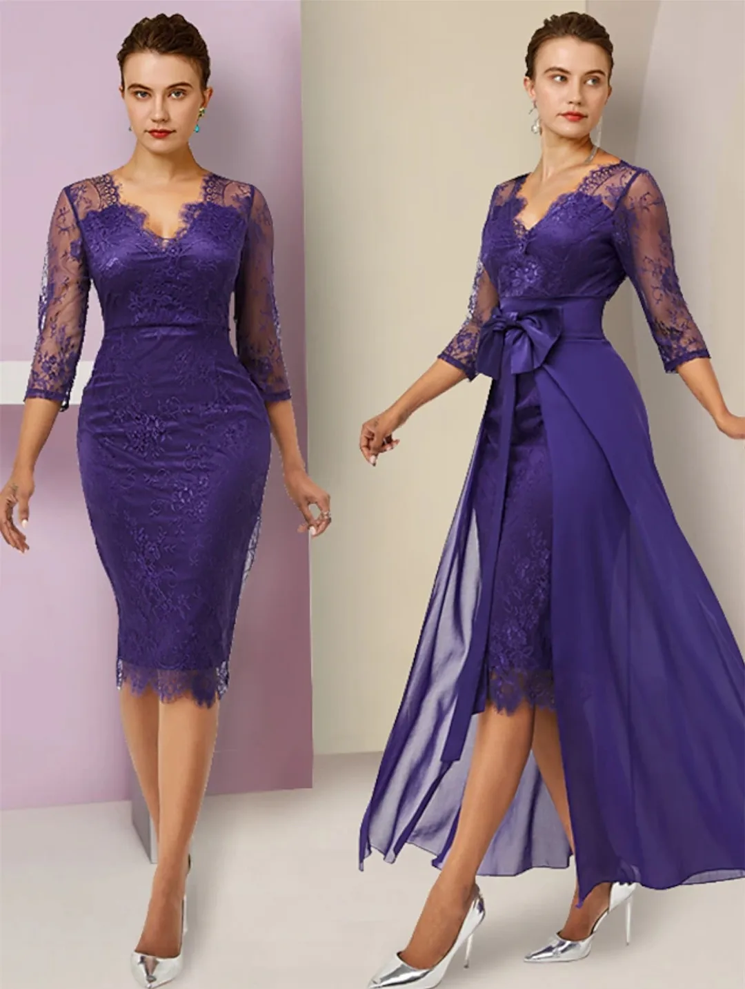 Короткие шифоновые платья с фиолетовым кружевом для матери невест, облегающее платье крестной матери с V-образным вырезом и рукавом 3/4 чайной длины для женщин Изображение 0