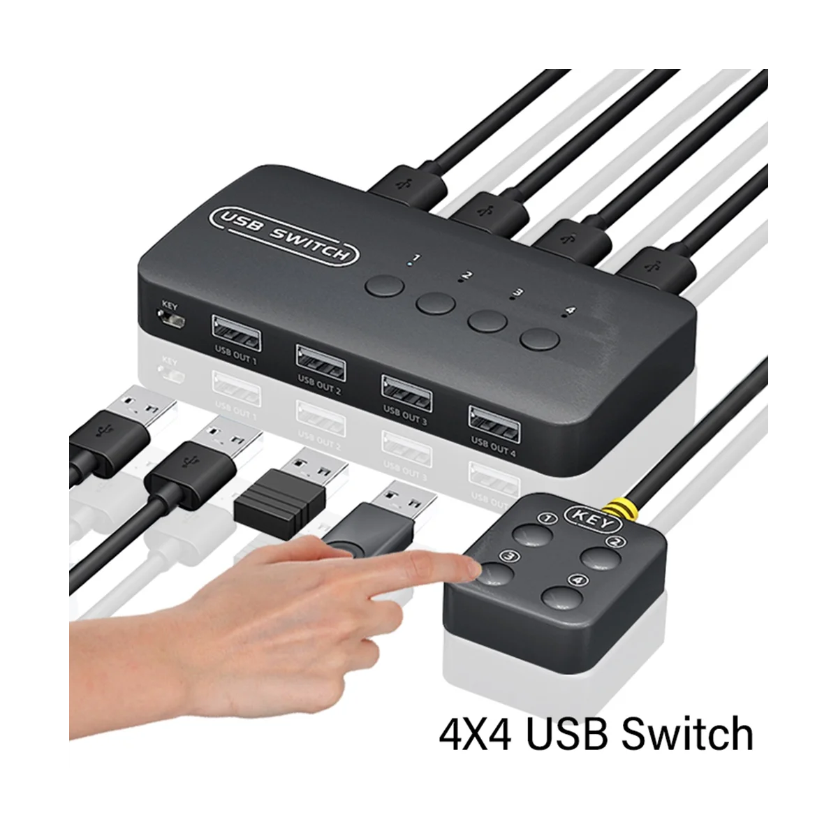 Переключатель KVM, USB-переключатель, адаптер общего контроллера, 4 входа, 4 выхода для портативного компьютера, принтера, клавиатуры, мыши, монитора. Изображение 4