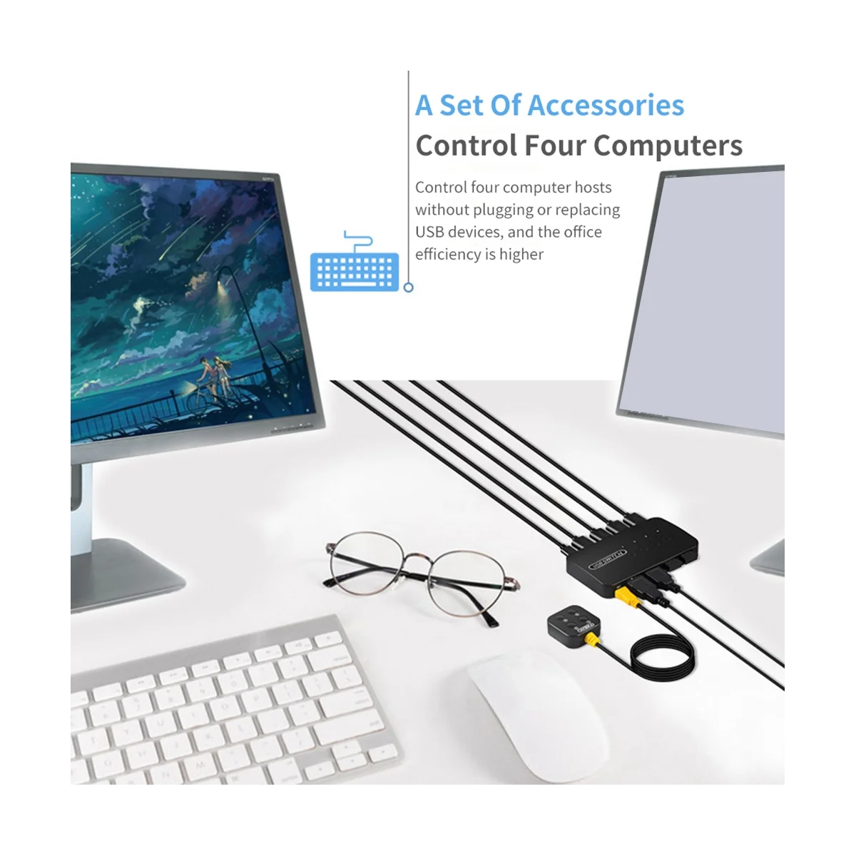 Переключатель KVM, USB-переключатель, адаптер общего контроллера, 4 входа, 4 выхода для портативного компьютера, принтера, клавиатуры, мыши, монитора. Изображение 5
