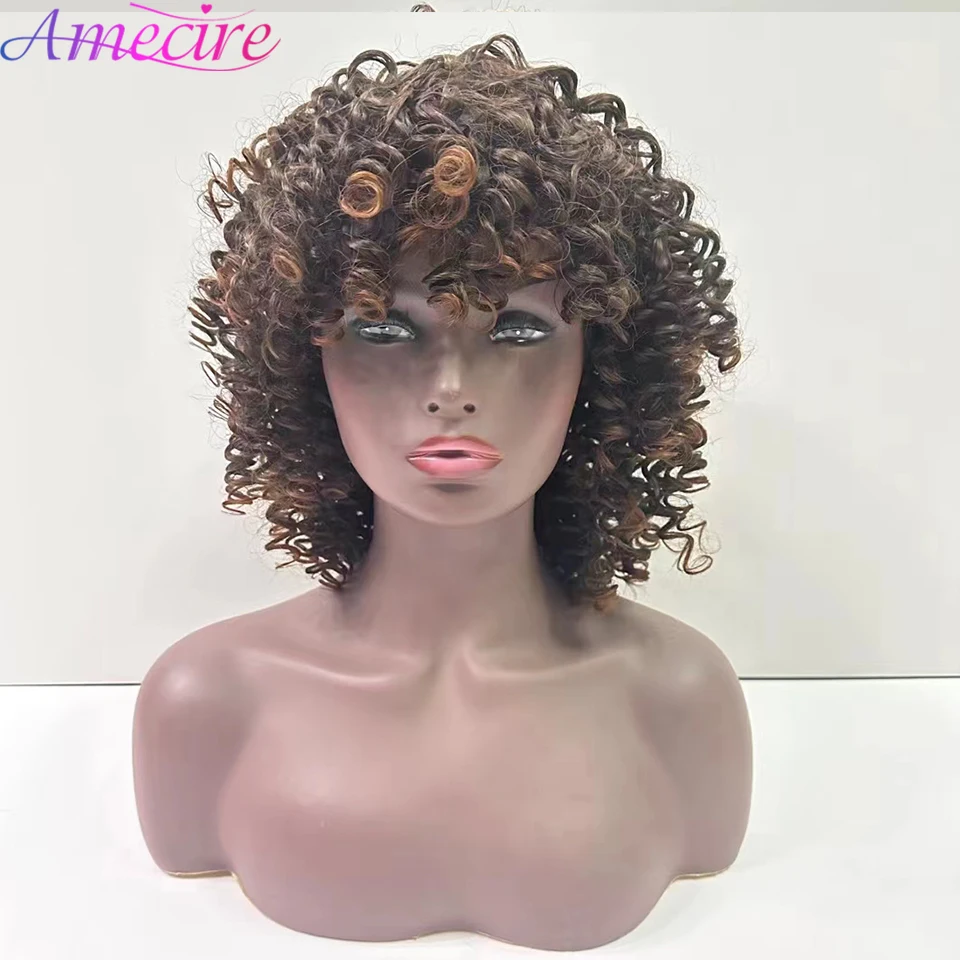Коричневый парик из синтетических волос для чернокожих женщин, объемная волна, средняя часть, цветной кудрявый парик цвета Омбре, короткие афро-кудрявые парики с челкой Изображение 1