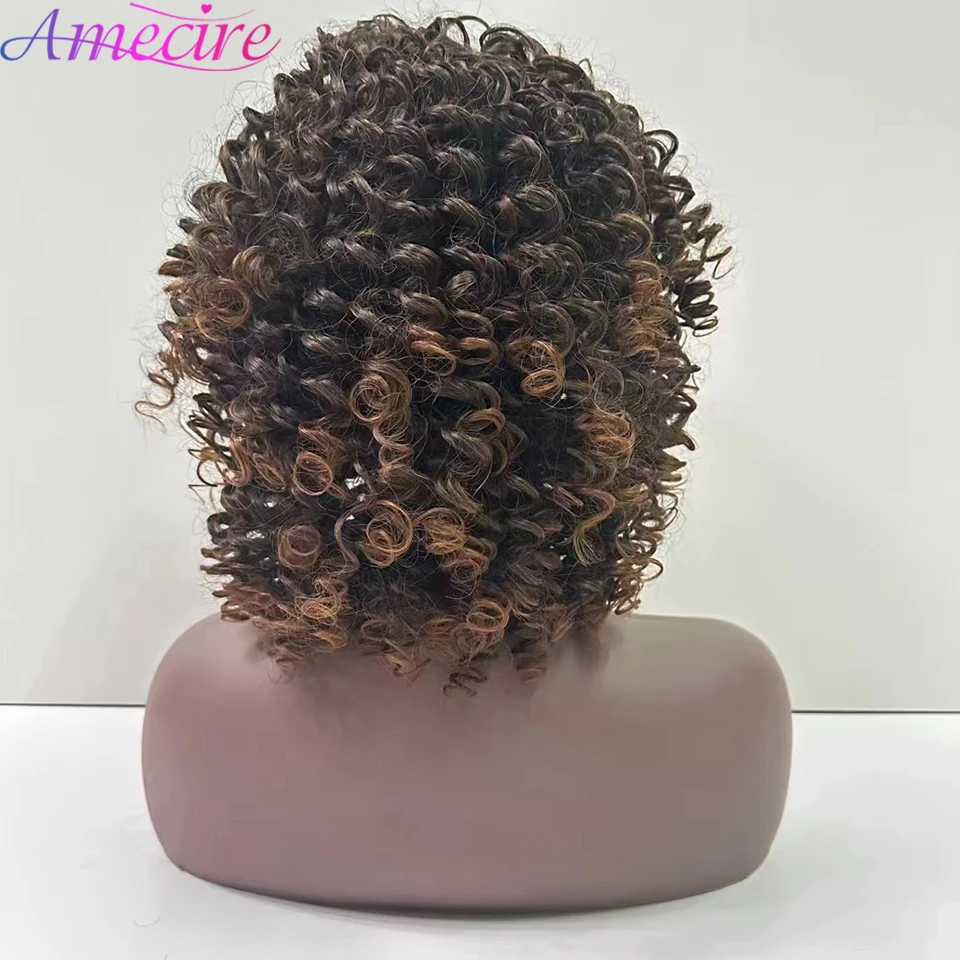 Коричневый парик из синтетических волос для чернокожих женщин, объемная волна, средняя часть, цветной кудрявый парик цвета Омбре, короткие афро-кудрявые парики с челкой Изображение 2