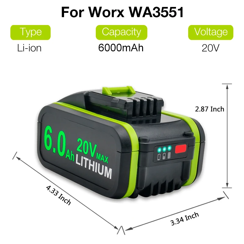 Перезаряжаемые литий-ионные Аккумуляторы 20V 6.0Ah, для Электроинструментов Worx WA3551 WA3553 WA3641 WG629E Сменный Аккумулятор Изображение 1
