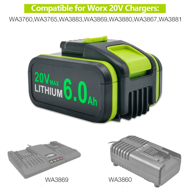Перезаряжаемые литий-ионные Аккумуляторы 20V 6.0Ah, для Электроинструментов Worx WA3551 WA3553 WA3641 WG629E Сменный Аккумулятор Изображение 4