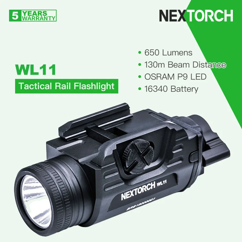 Мощный тактический фонарь Nextorch WL11 на рейке, дальность действия 650 люмен 130 м, батарея 16340, подходит для направляющих Picatinny и GLOCK Изображение 0