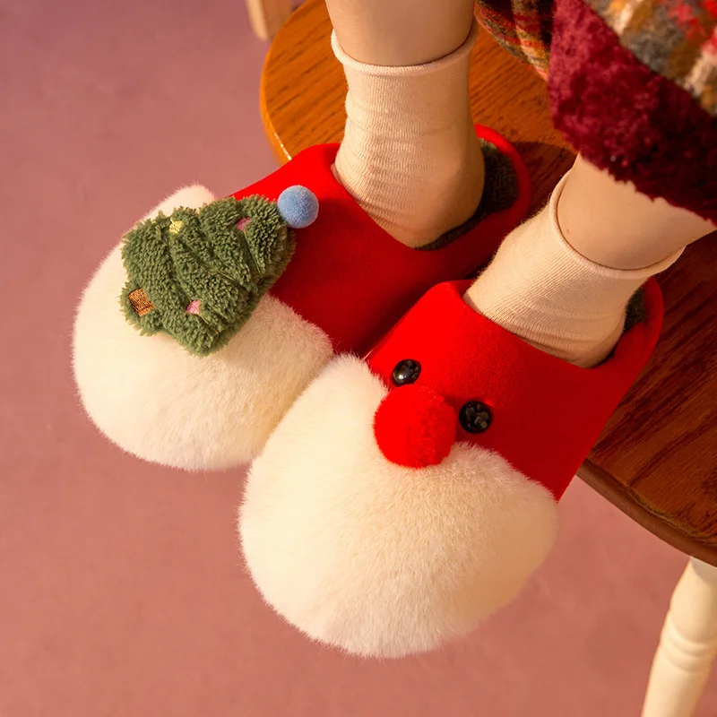 2023 Рождественские хлопчатобумажные тапочки для женщин зимой, милые кошачьи плюшевые домашние тапочки с закрытым носком, согревающие пары, Хлопчатобумажные тапочки Изображение 0