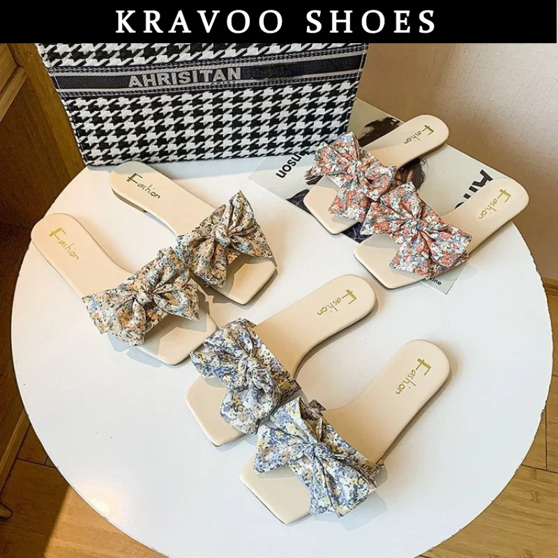 Женская обувь KRAVOO, маленькие женские тапочки с цветочным узлом в виде бабочки, Сандалии на низком каблуке, пляжные горки, женские тапочки большого размера на открытом воздухе Изображение 0