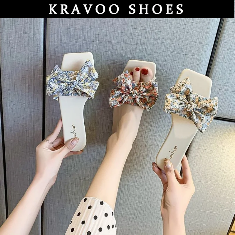 Женская обувь KRAVOO, маленькие женские тапочки с цветочным узлом в виде бабочки, Сандалии на низком каблуке, пляжные горки, женские тапочки большого размера на открытом воздухе Изображение 3