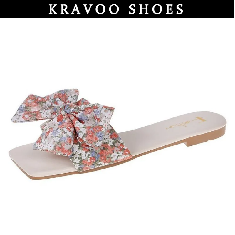 Женская обувь KRAVOO, маленькие женские тапочки с цветочным узлом в виде бабочки, Сандалии на низком каблуке, пляжные горки, женские тапочки большого размера на открытом воздухе Изображение 4