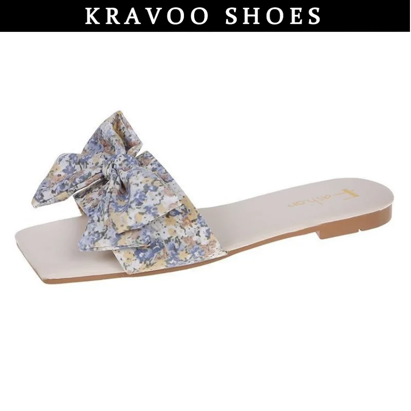 Женская обувь KRAVOO, маленькие женские тапочки с цветочным узлом в виде бабочки, Сандалии на низком каблуке, пляжные горки, женские тапочки большого размера на открытом воздухе Изображение 5